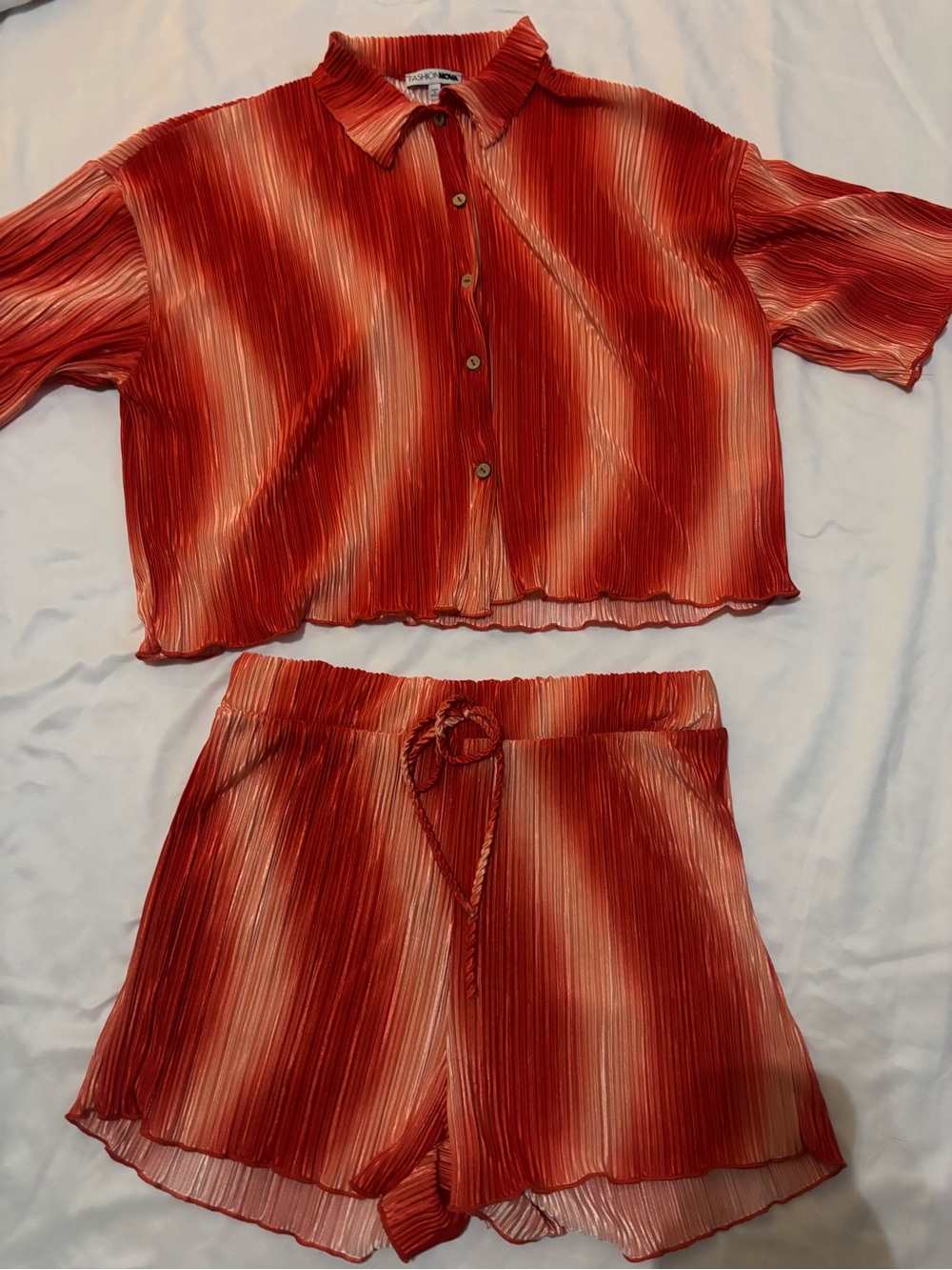 Fashion Nova Red Pleated Two-Piece Pajama Set